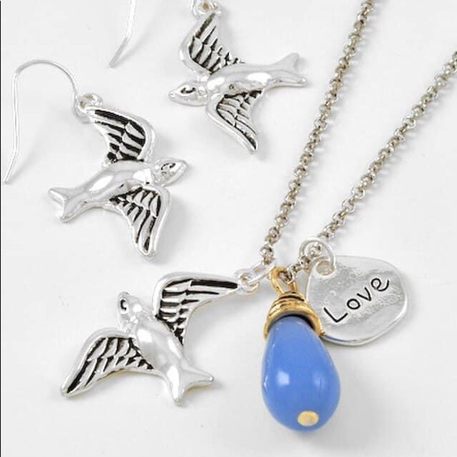 Silvertone Dove Necklace And Earrings Set